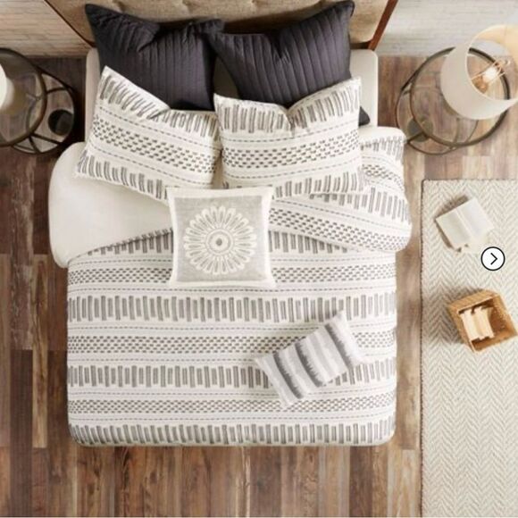 3PC FULL QUEEN RHEA COTTON DUVET MINI SET IVORY/CHARCOAL - Picture 1 of 5